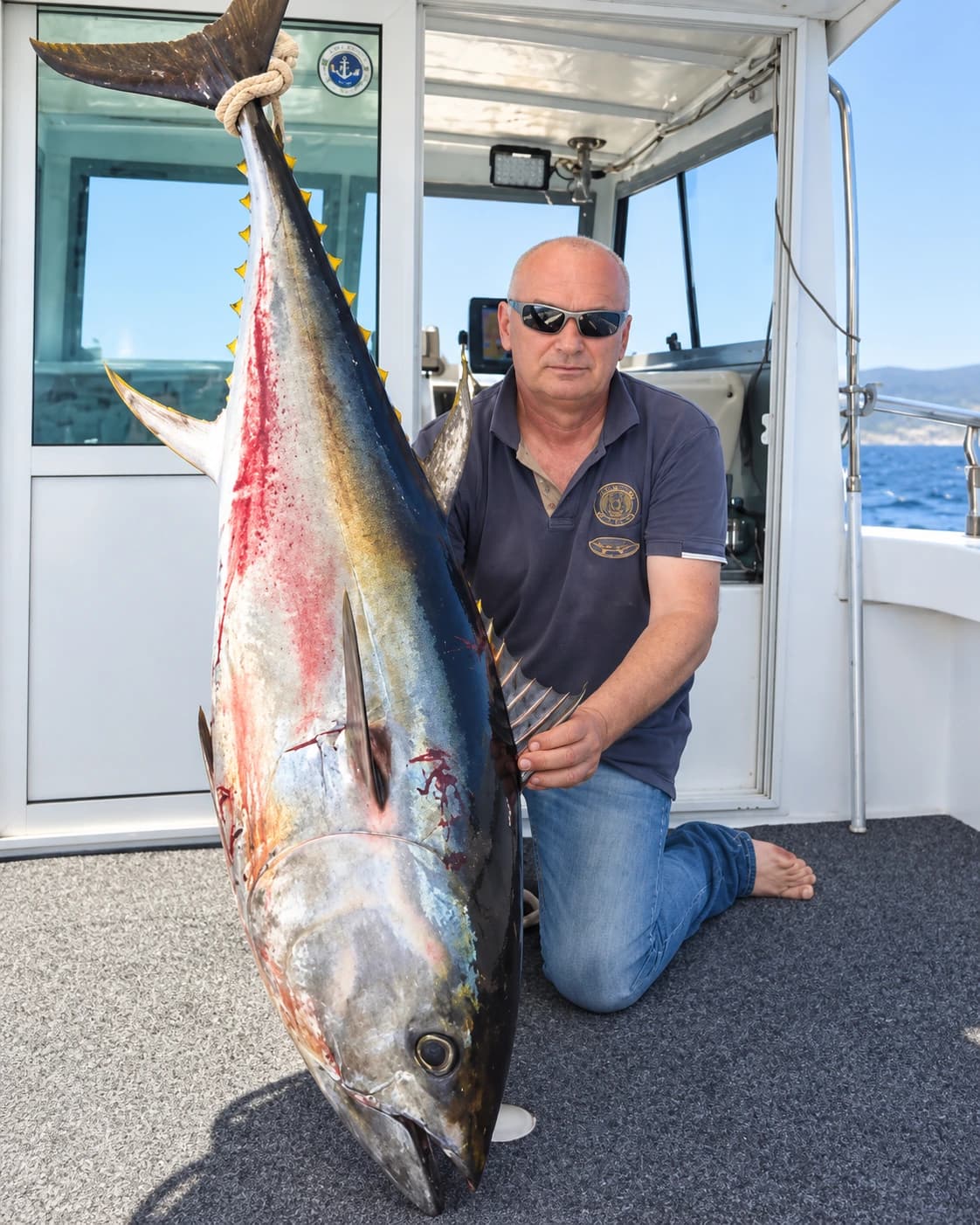 Baćko — Petar Radulović on a fishing boat beside a large tuna catch.